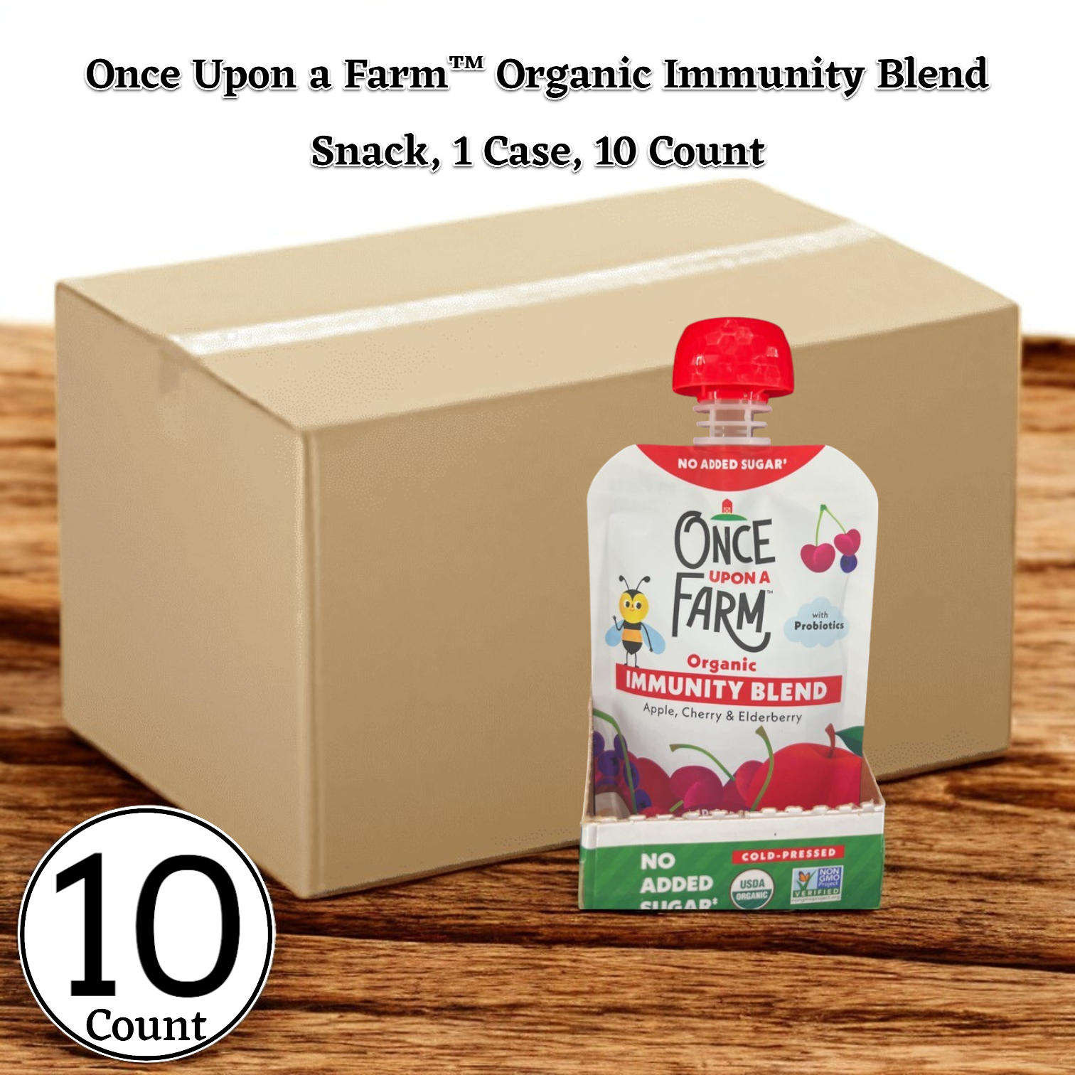 A pouch of Once Upon a Farm's Immunity Blend, featuring flavors of apple, cherry, and elderberry, is presented in front of the box. This 10-count case from Once Upon a Farm provides tasty cold-pressed baby food that promotes your child's health.