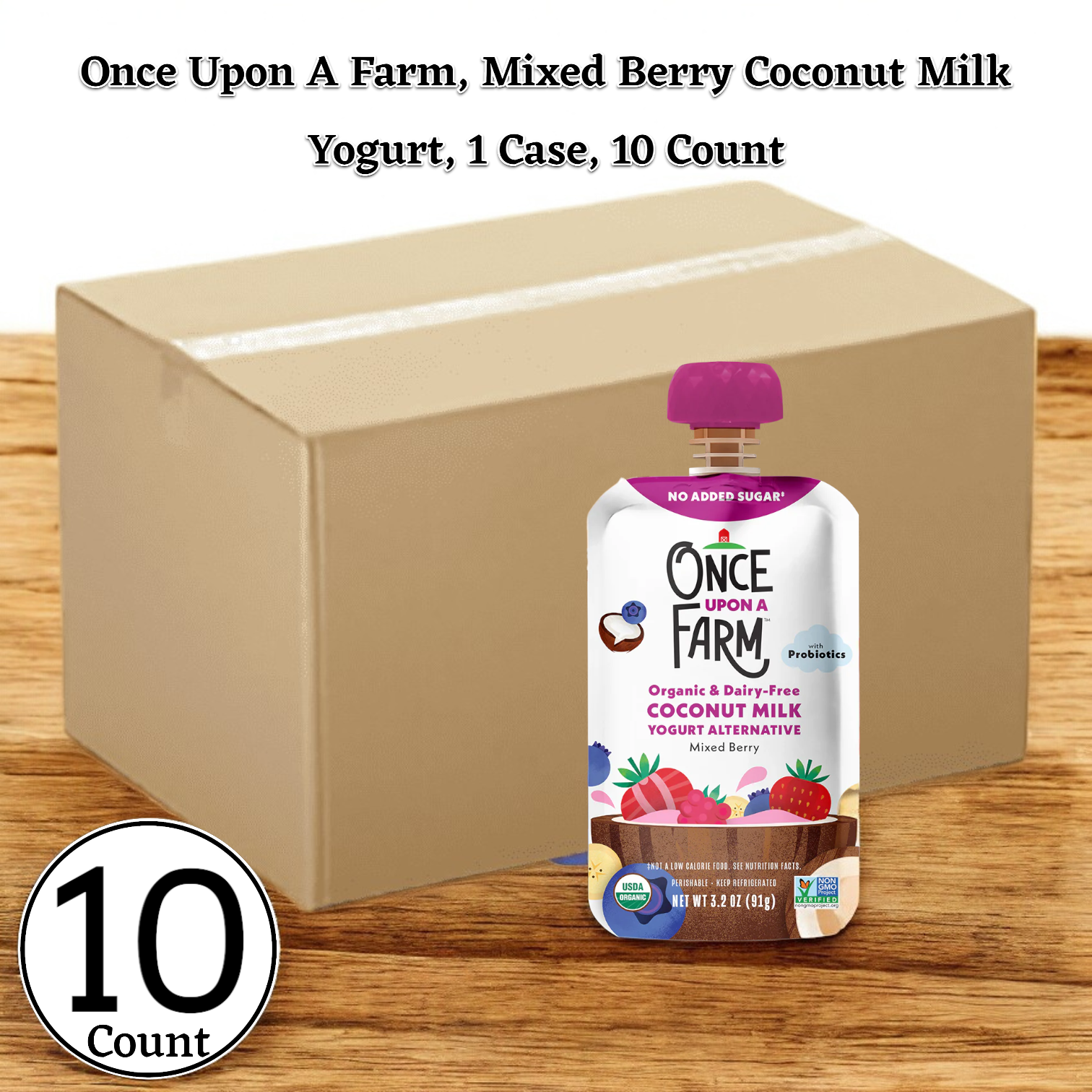 Box of ten *Once Upon A Farm* Mixed Berry Coconut Milk Yogurt pouches, creatively displayed with organic berries for a delightful plant-based yogurt experience.