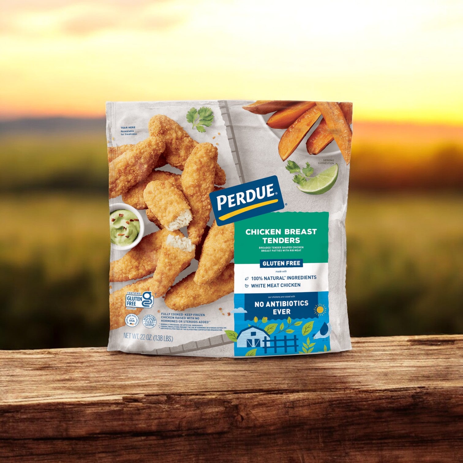 A package of Perdue Breaded Chicken Breast Tenders Gluten Free, weighing 22 oz., sits on a wooden surface with a blurred outdoor backdrop. The packaging emphasizes its gluten-free, protein-rich nature and absence of antibiotics, ensuring an all-natural chicken experience.