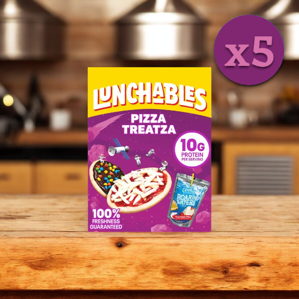 A box of Lunchables Pizza Treatza, 10.5 oz. - 5 Pack from the brand Lunchables, sits on a wooden table in a kitchen, labeled with "x5" to indicate the quantity.