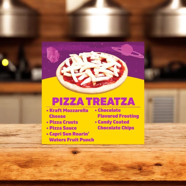 A recipe card for "Lunchables Pizza Treatza" featuring pizza with mozzarella cheese, chocolate frosting, candy-coated chocolate chips, pizza sauce, and a Tropical Tide Drink on a kitchen counter. Pack size: 10.5 oz.