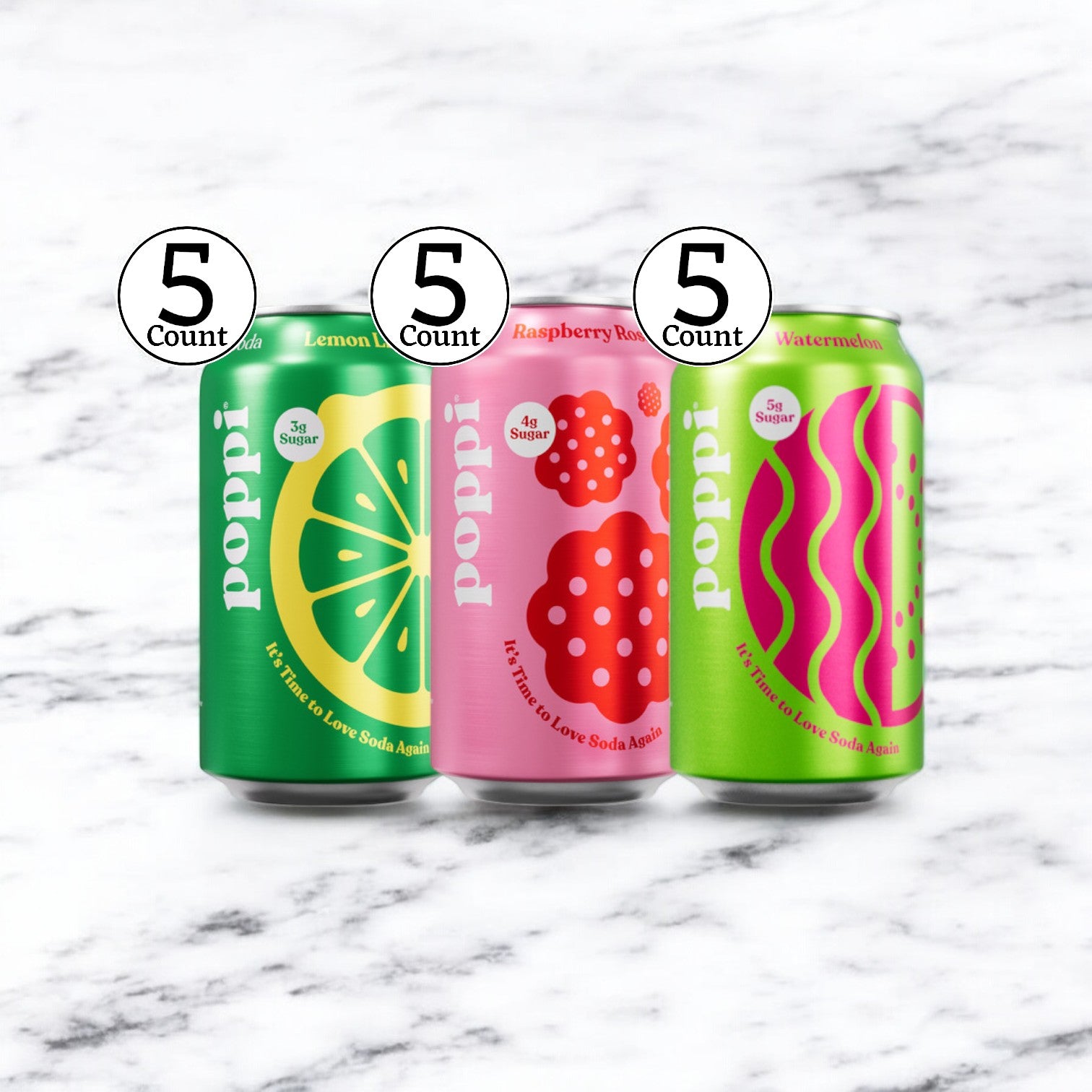 Three varieties of Poppi Prebiotic Soda cans, with 5 cans each of Lemon Lime, Raspberry Rose, and Watermelon from the Poppi Variety Pack (15 Count), are all placed on a marble surface. Enjoy these low-calorie beverages that promote gut health while delighting your taste buds.