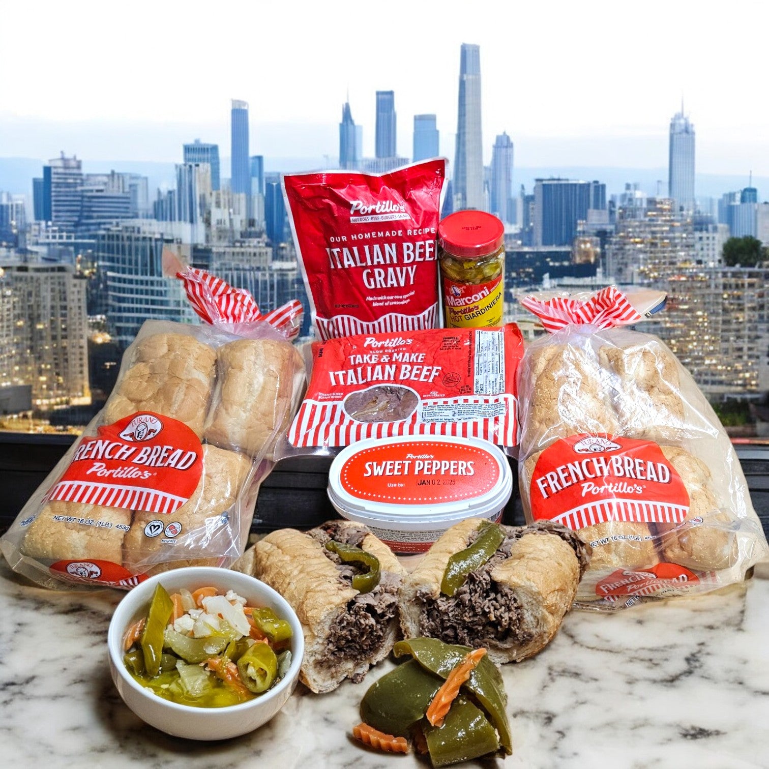 Portillo's 16 Italian Beef Sandwich Combo features ingredients like French bread, Italian beef, rich gravy, and hot giardiniera, displayed against a city skyline. Perfect for parties with free shipping!.