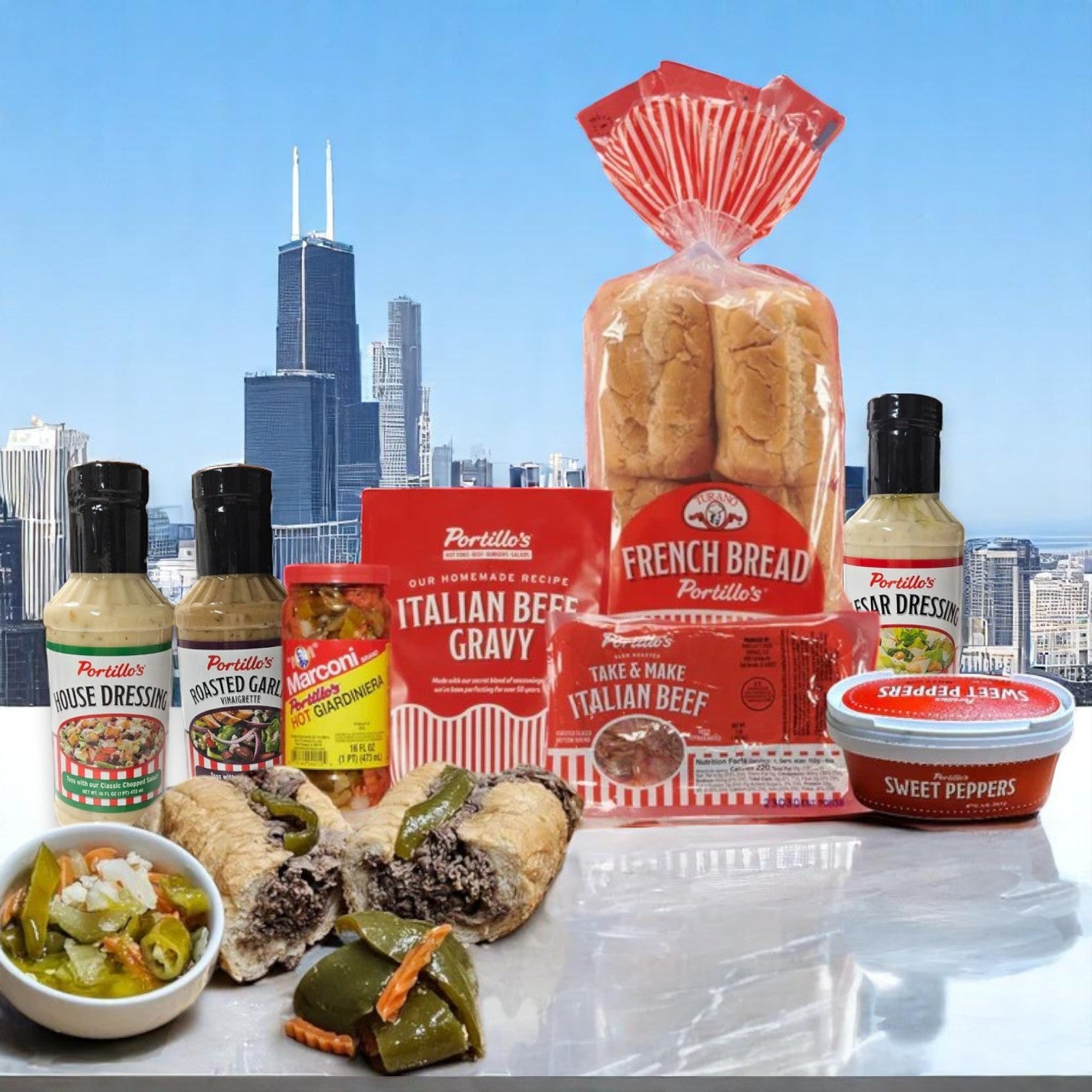 The Portillo’s Italian Beef Bundle with Condiments and 3 Dressings! by Portillo's is shown with a Chicago skyline backdrop, featuring meal ingredients, signature gravy, sauces, and hot giardiniera.