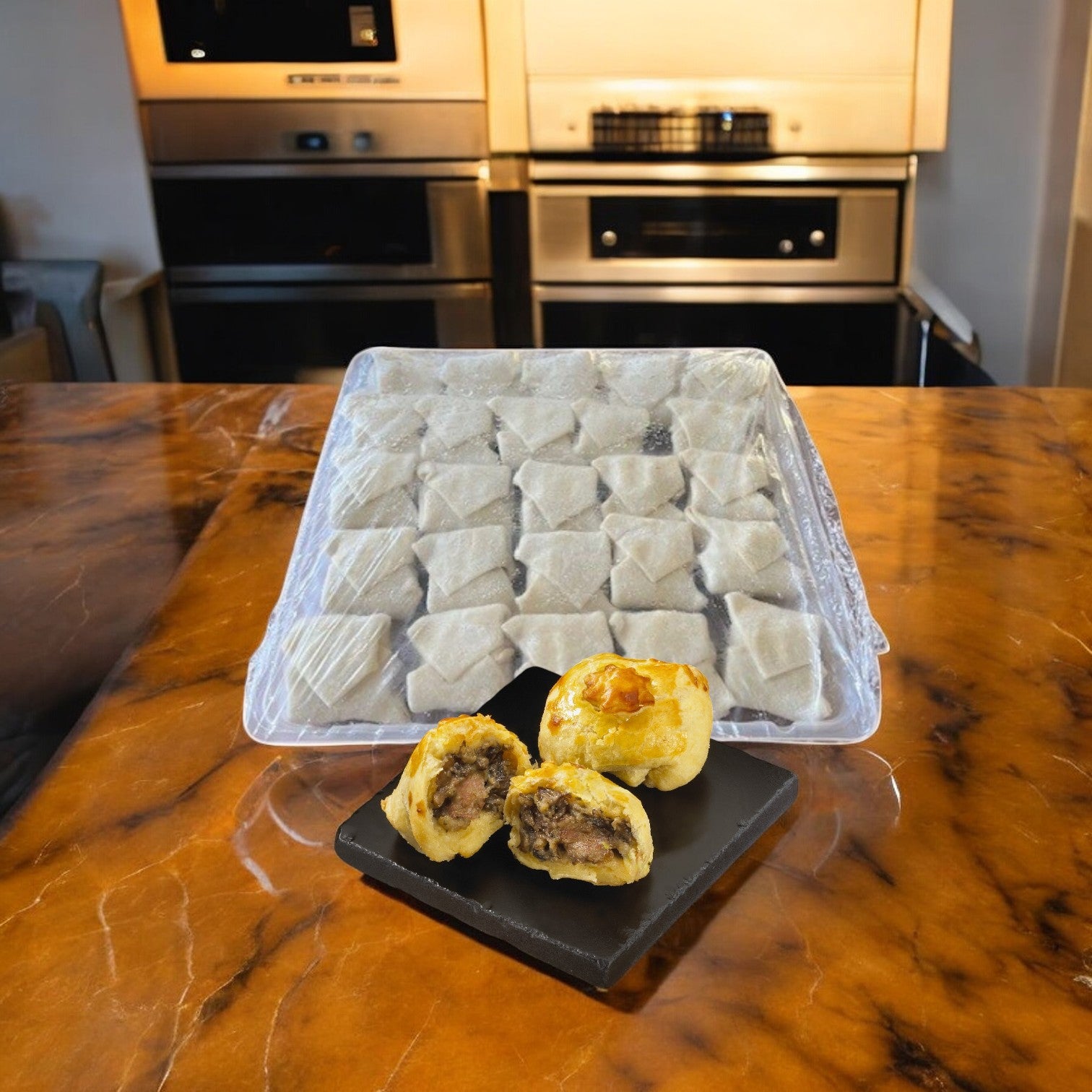 A tray of frozen appetizers rests on a marble countertop with ovens in the background. A small black plate showcases two Sysco Beef Wellington Deluxe appetizers, one cut open to reveal its savory filling wrapped in puff pastry.