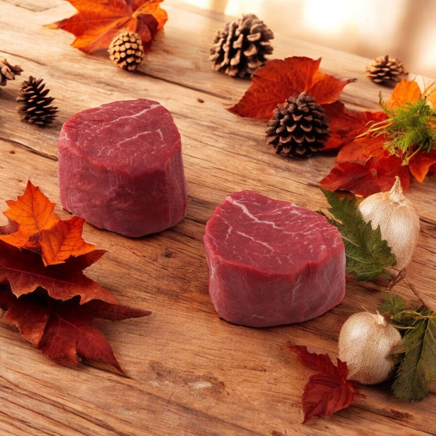 Two 6oz Select Center-Cut Filet Steaks from Buckhead Pride/ Newport Pride are artfully displayed on a wooden table amid autumn leaves, pine cones, and decorative balls—a charming presentation from their premium steak collection.