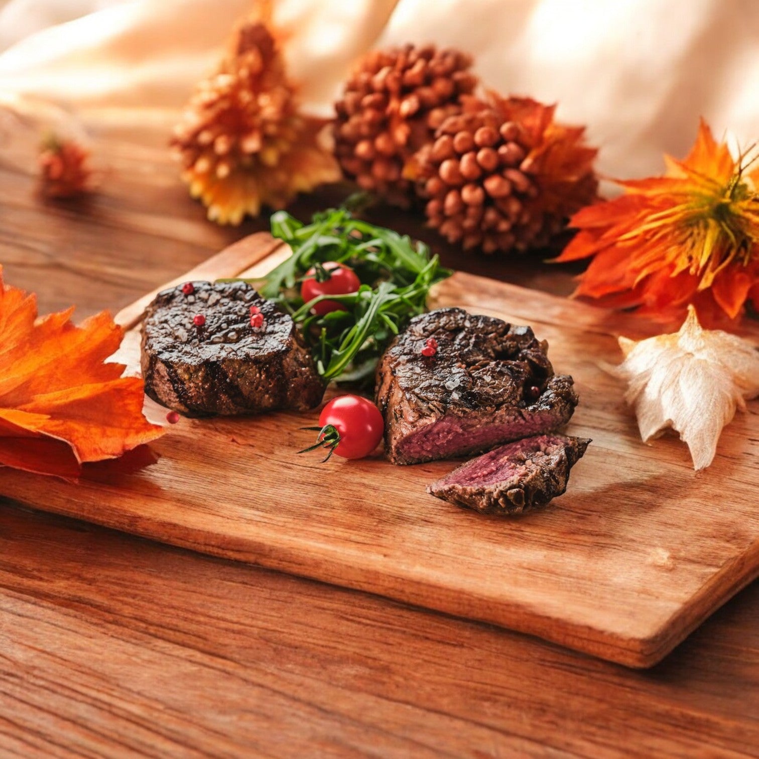 Two grilled steak medallions, part of the Buckhead Pride case of center-cut frozen steaks, rest on a wooden board with arugula and cherry tomatoes. An autumn backdrop enhances the celebration of Buckhead Pride.