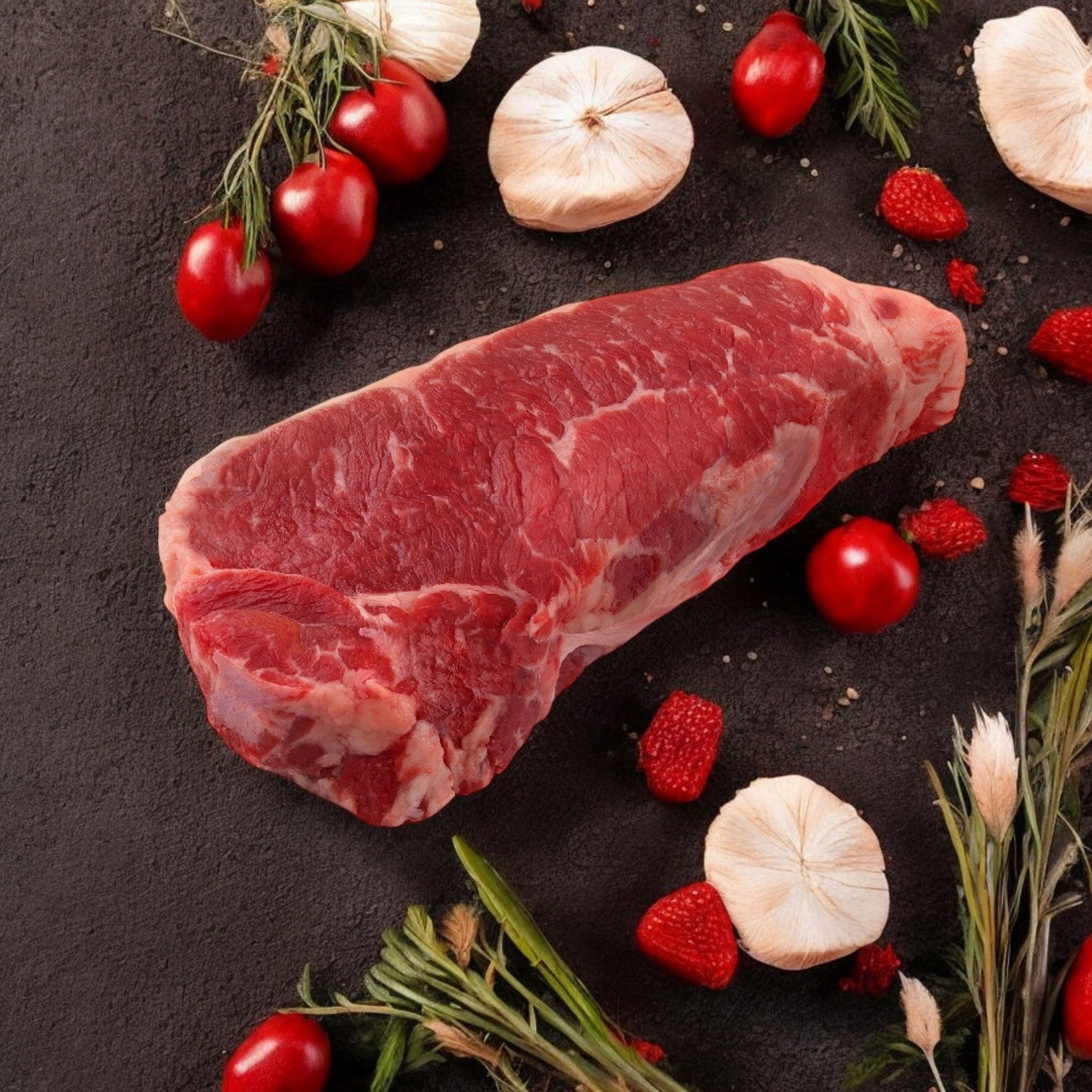 A Buckhead Pride/Newport Pride beef steak strip, rich in marbling, is elegantly presented with cherry tomatoes, garlic, herbs, and raspberries on a dark surface.