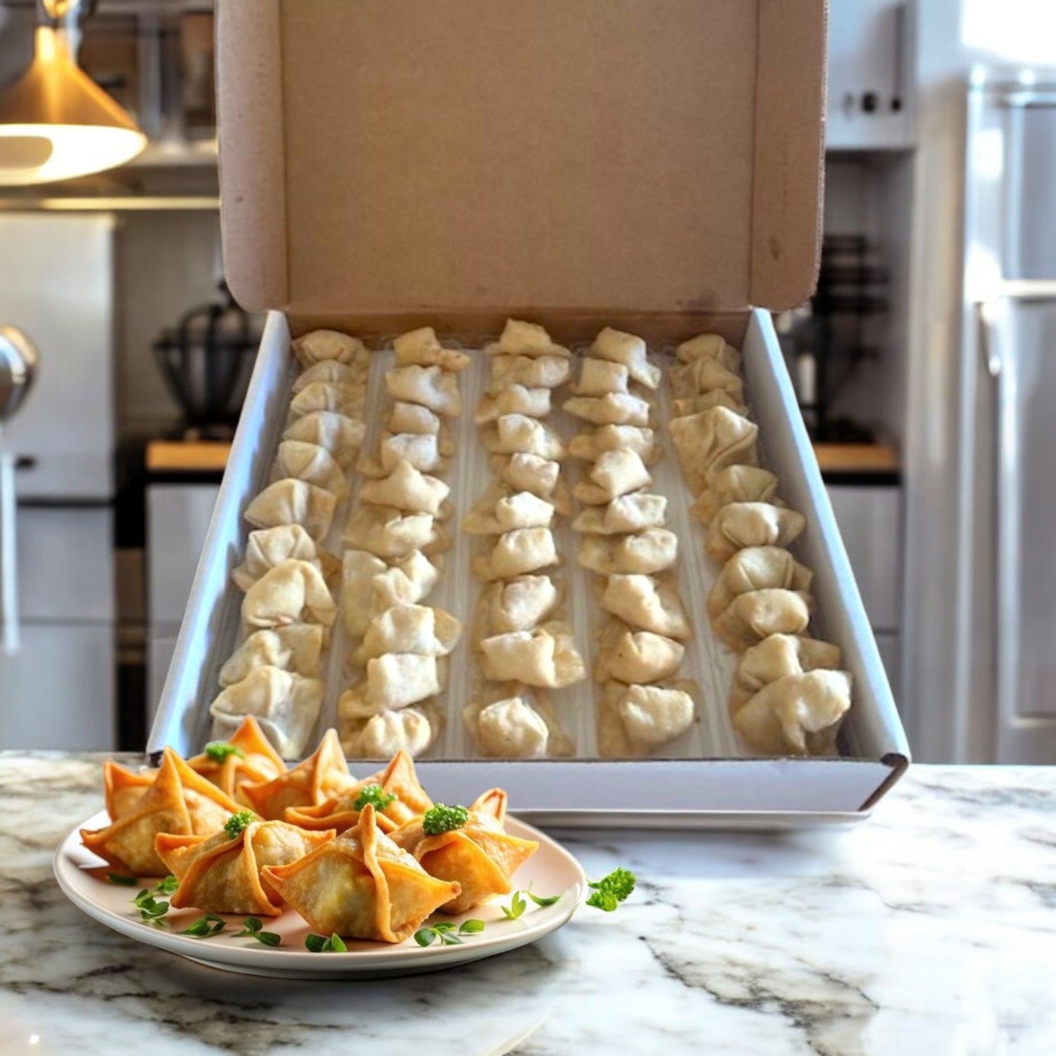 A Sysco cardboard box labeled "Crab Rangoon-Sysco Appetizer -100 Count-1 Case- Free Shipping!!" sits open on the kitchen counter, mimicking commercial kitchen storage, with a plate of Crab Rangoon garnished with parsley in front.