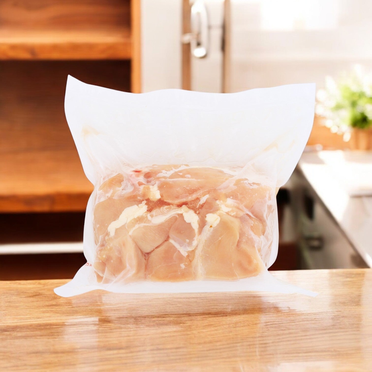 A vacuum-sealed Sysco Classic Halal Chicken CVP Breast Whole 6 Ounce pack sits on a wooden countertop, poised to enhance your culinary dishes.