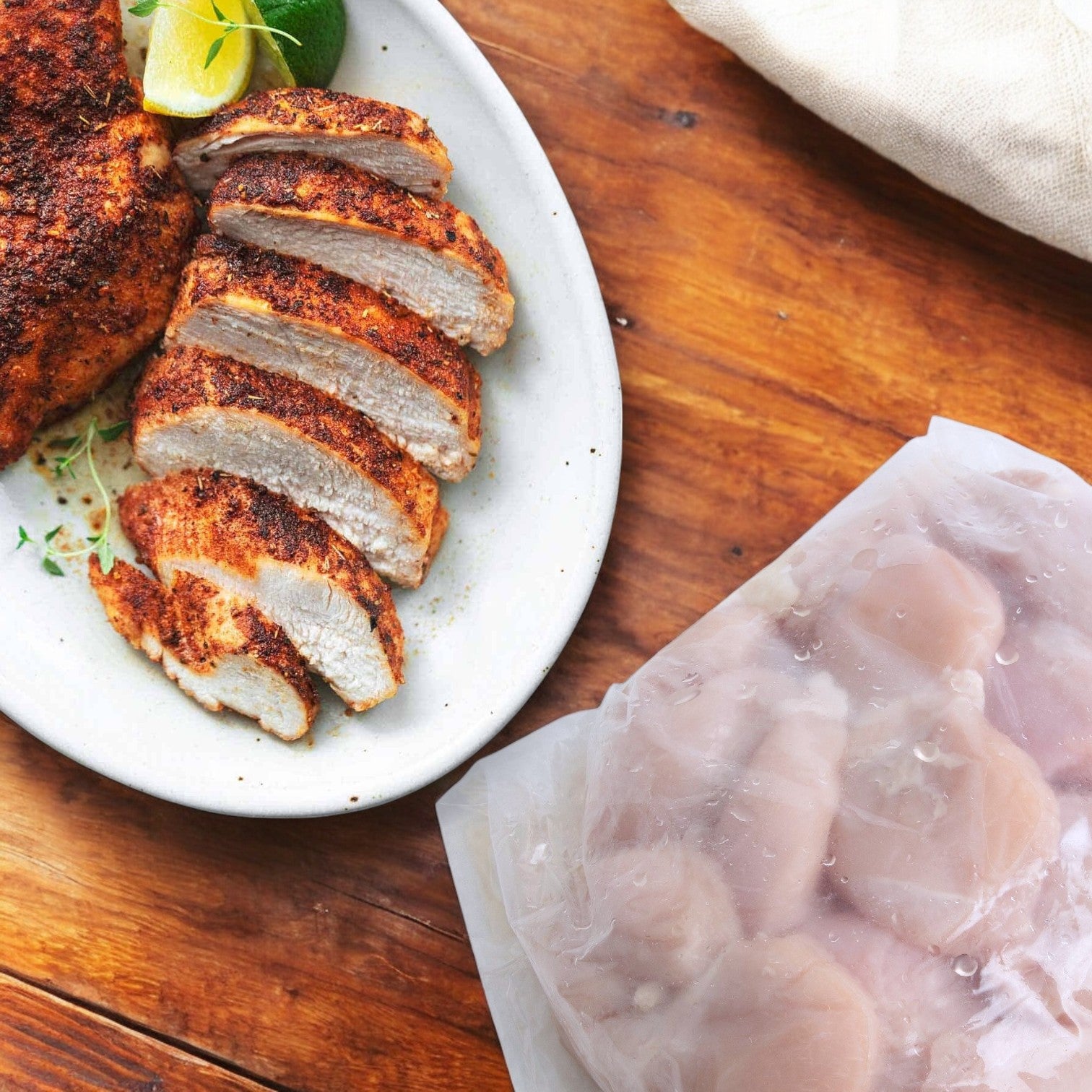 On a wooden table, cooked and sliced Halal chicken breast is displayed beside a package of Sysco Classic Chicken CVP Whole 8 Ounce Halal, highlighting the precision in portion control vital to foodservice.