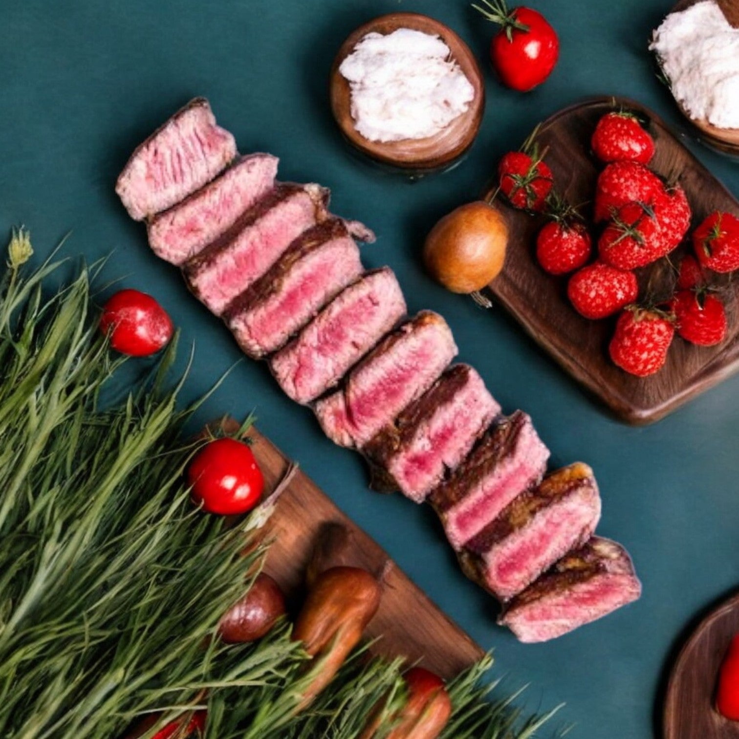 Buckhead Pride/ Newport Pride's high-quality steak slices, paired with strawberries, small tomatoes, and white sauce, are arranged on wooden boards against a grassy green backdrop.