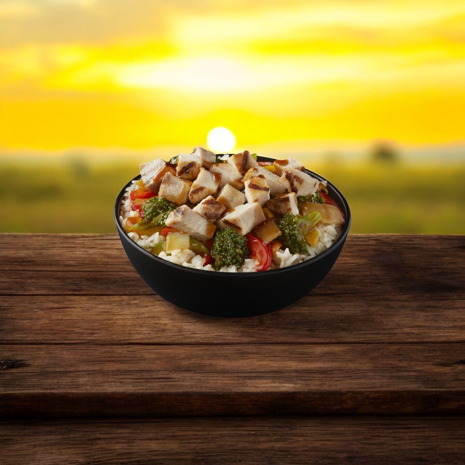 On a wooden table against a sunset backdrop, there's a bowl of rice topped with Sysco Classic diced chicken (0.5 inch dark and white), broccoli, and cherry tomatoes.