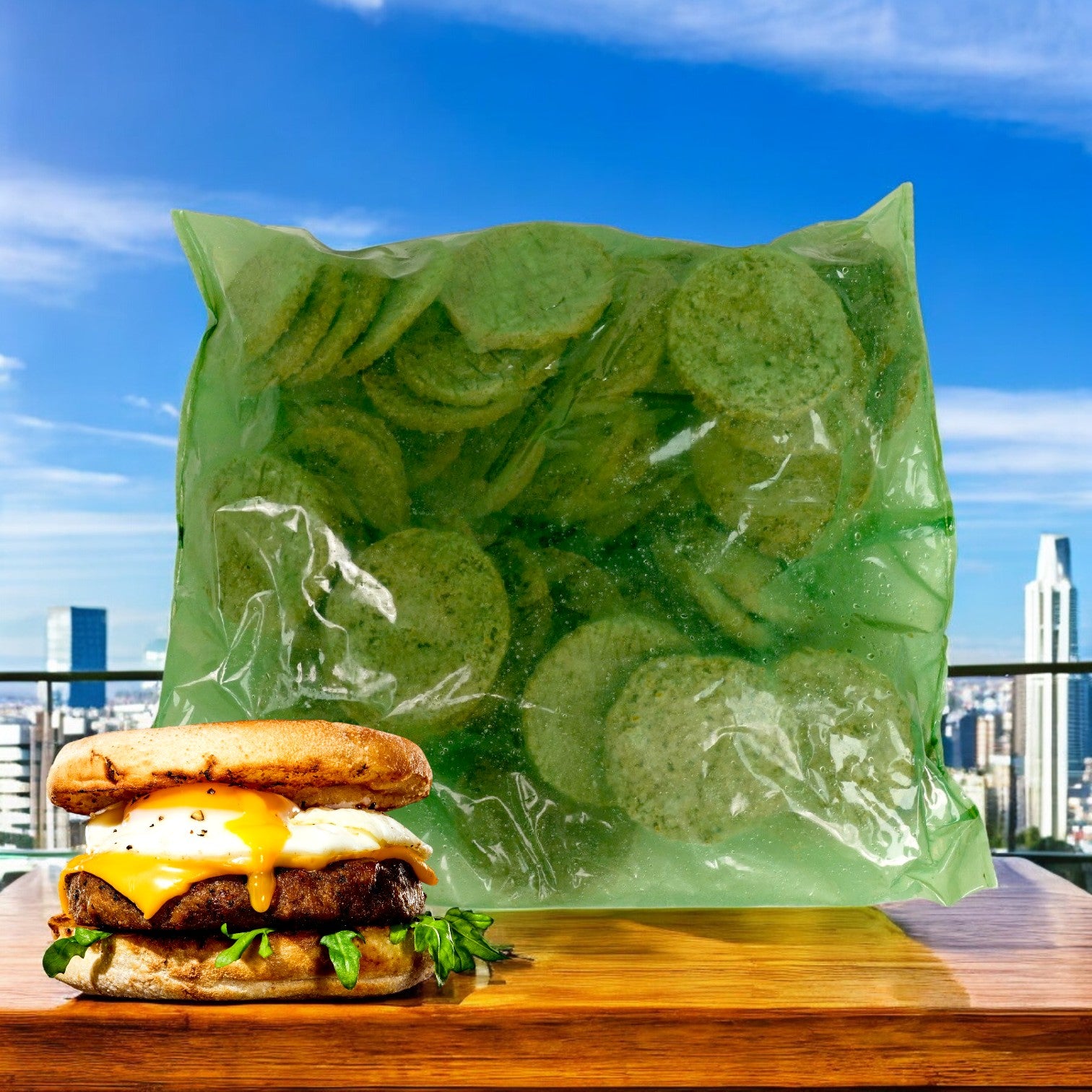 An Impossible Foods Sausage Patty rests on a wooden surface with cheese and greens, next to a large bag of potato chips, framed against skyscrapers and a blue sky.