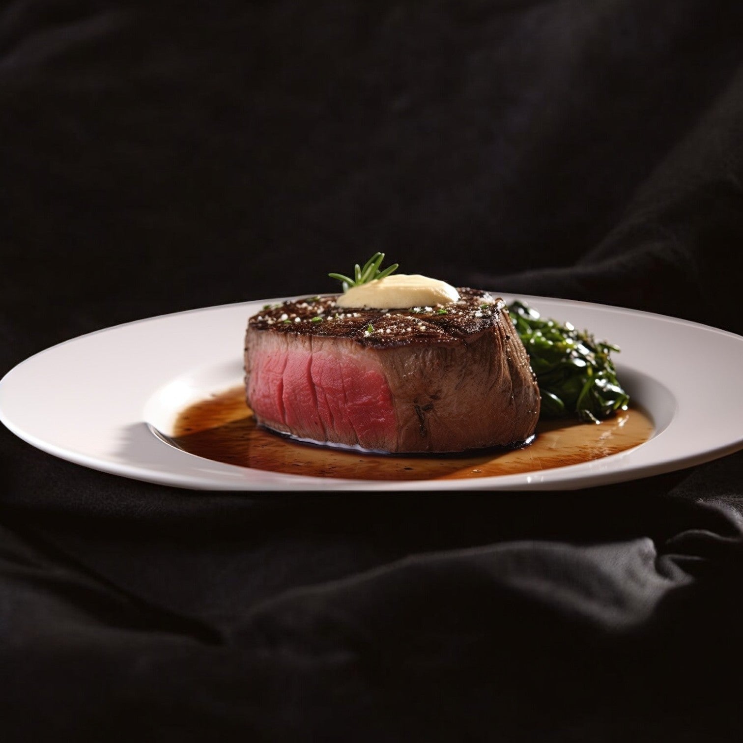 A medium-rare Buckhead Pride/Newport Pride center-cut filet steak, known for its superior tenderness, is topped with butter and served on a white plate with sautéed greens.