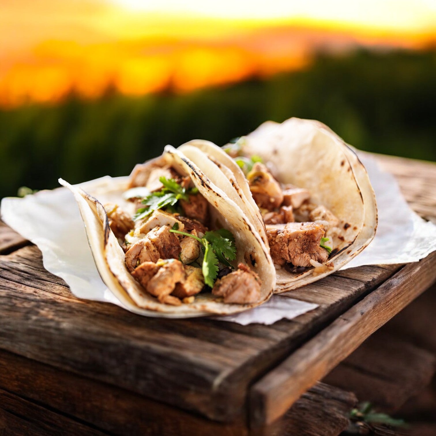 Two tacos filled with Sysco Classic Diced White Chicken Meat are garnished with cilantro and placed on parchment paper on a wooden table. A blurred sunset and greenery are visible in the background.