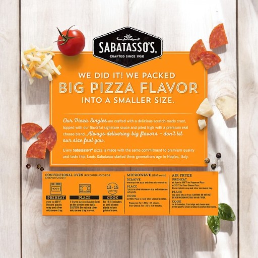 The packaging of Easy Lunches' Sabatasso's Pizza Singles, which includes both pepperoni and four-cheese varieties (12 each), emphasizes "Big Pizza Flavor" in a smaller size. Cooking instructions for conventional ovens, microwaves, and air fryers are provided, with ingredients displayed around these single-serving pizzas.