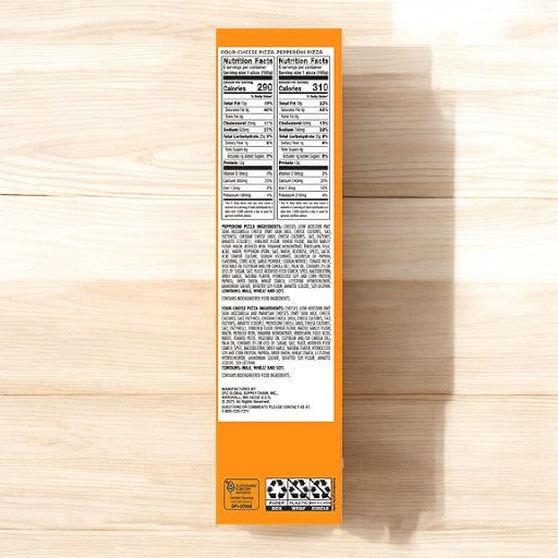 The image shows the nutrition facts and ingredients list on the side of an orange box of Sabatasso's Pizza, Singles, Pepperoni/Four-Cheese (12 each) by Easy Lunches. The box is placed on a wooden surface.