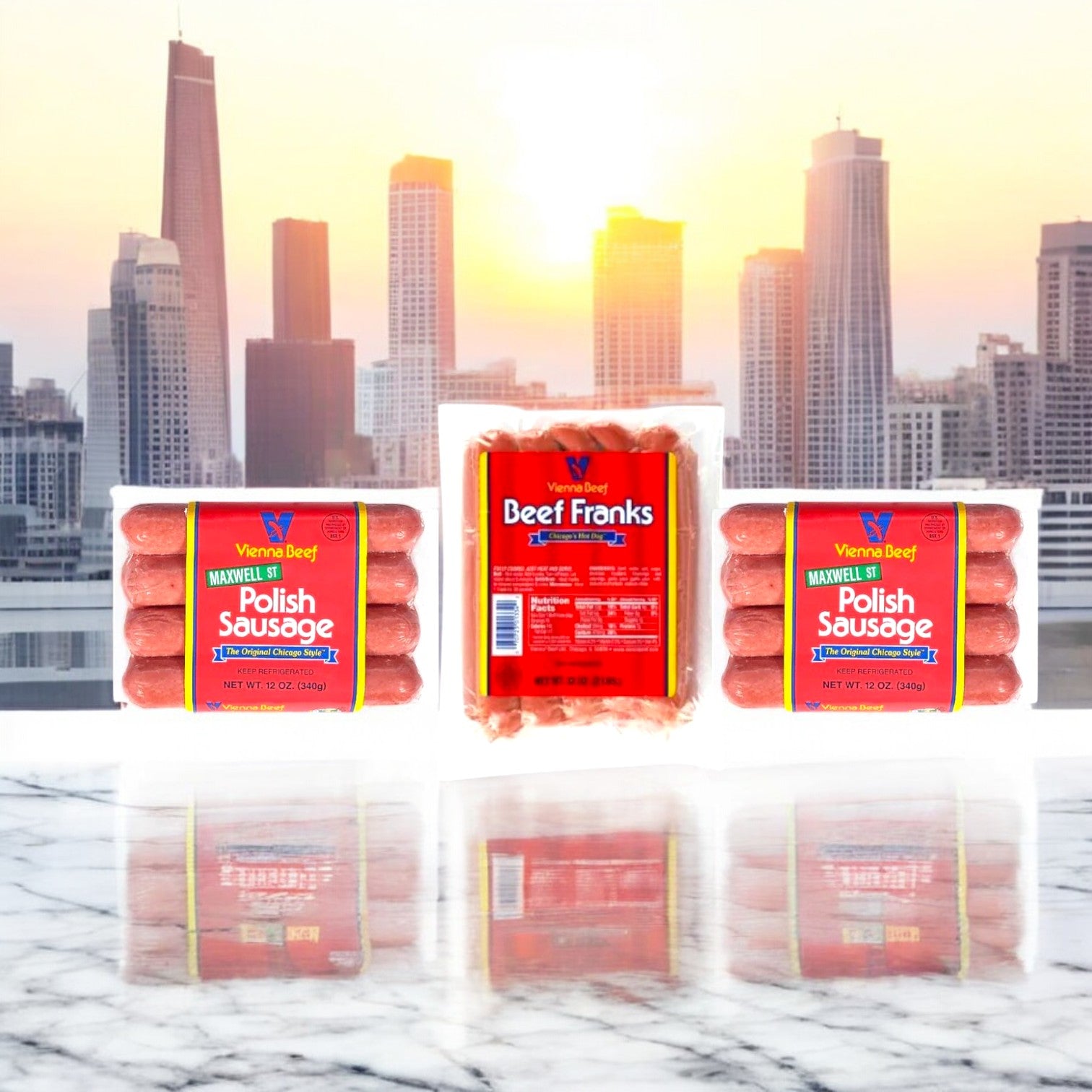 The Easy Lunches Vienna Beef and Portillo's 3-Pack Combo captures Chicago-style dining with 8 franks, 8 Polish sausages, and Portillo’s Italian beef gravy all set against a city skyline with a sunrise on a marble surface.