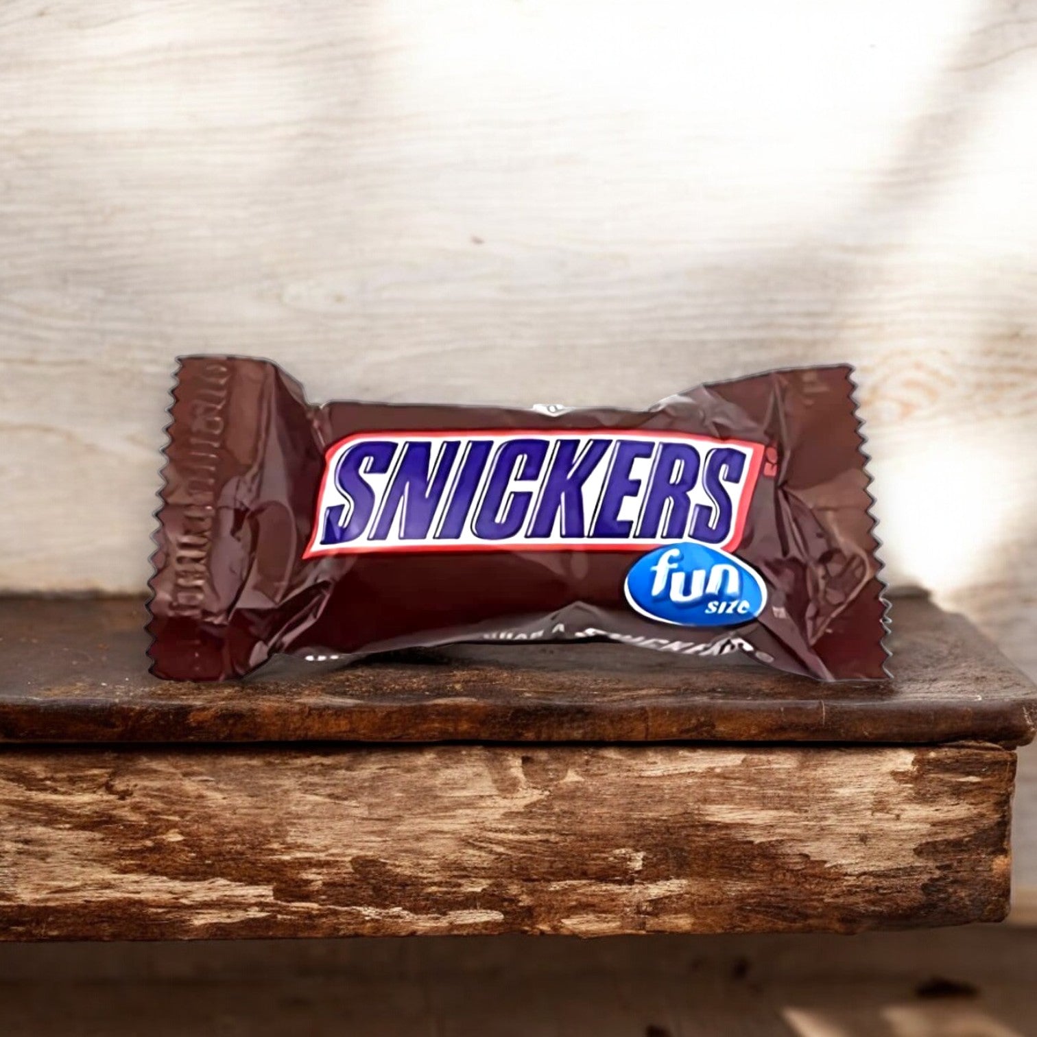 A Fun Size Snickers bar from the 5 Count Fun Size Bars by Mars, still in its wrapper, sits on a wooden surface against a light background.