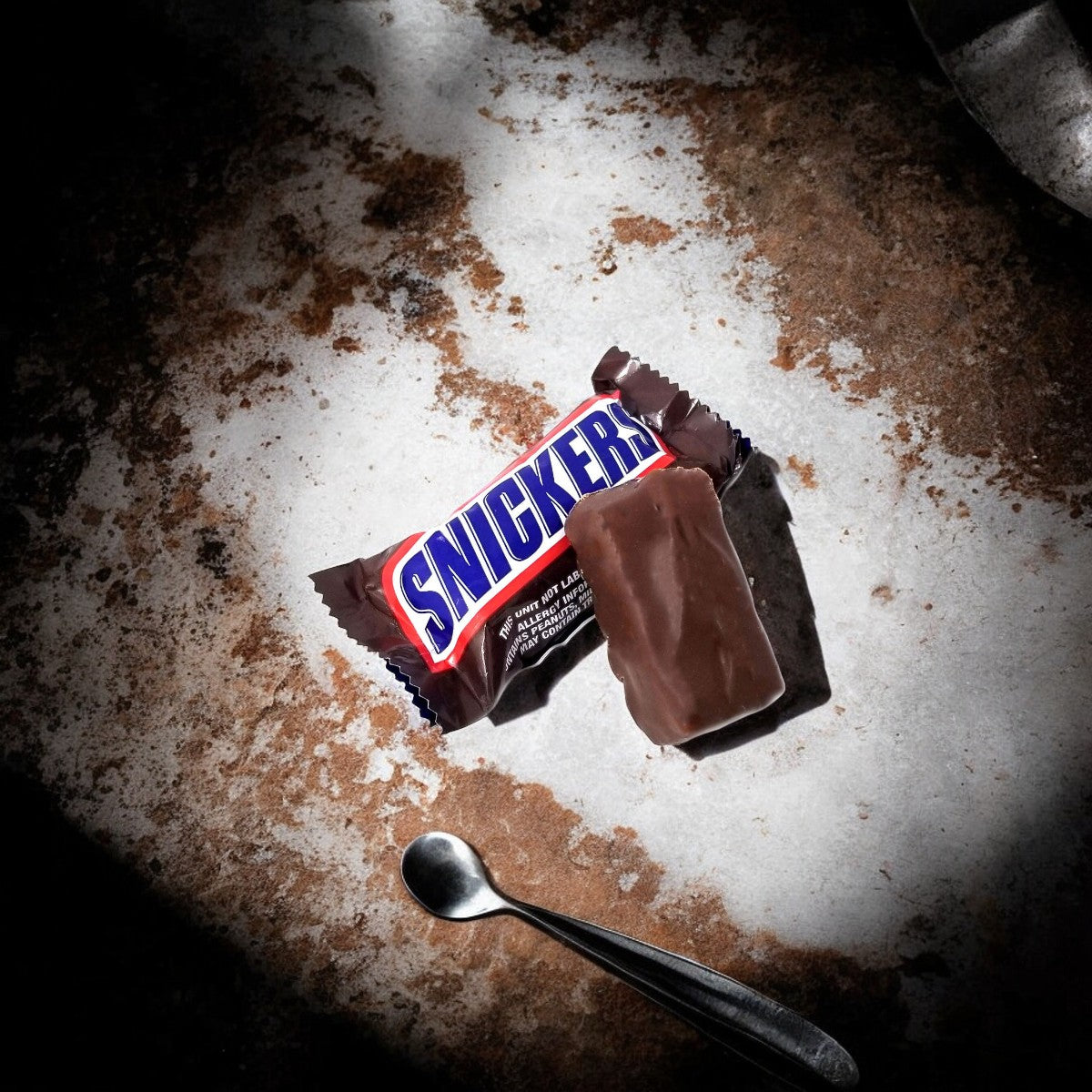 A partially unwrapped Fun Size Snickers from the 5 Count Fun Size Bars pack by Mars lies on a textured surface next to a small spoon.