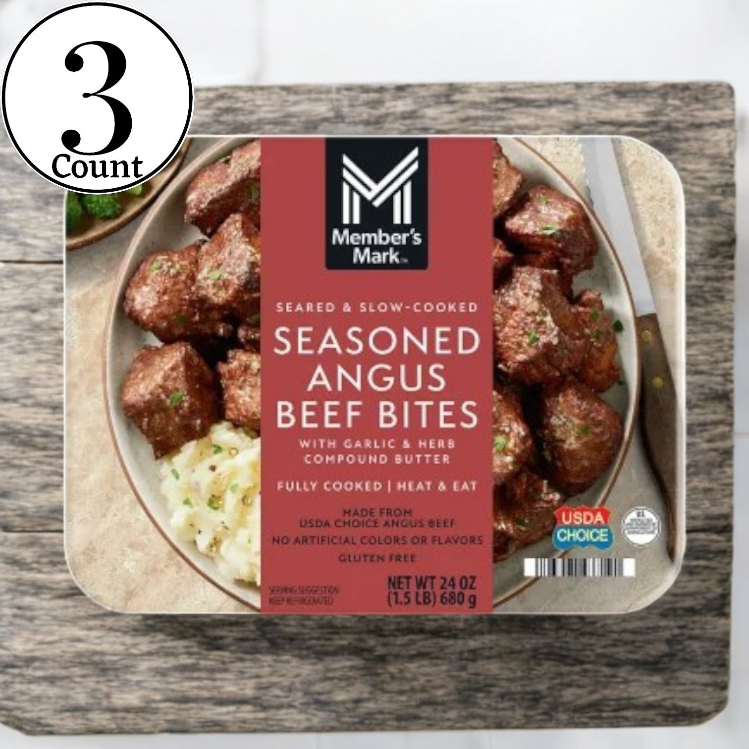 Member's Mark Seasoned Angus Beef Bites with Garlic and Herb Compound Butter, 1.5 lbs, - 3 Cases