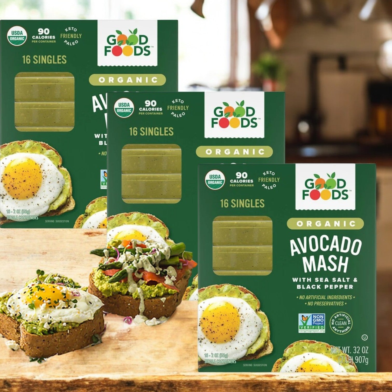 Good Foods Organic Avocado Mash with Sea Salt & Black Pepper comes in three boxes, each containing sixteen 2 oz single-serving containers, perfect for fresh and convenient avocado toast every time.