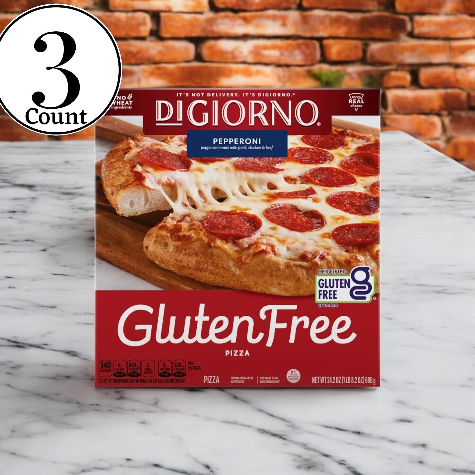 A 24.2 oz box of DiGiorno Gluten Free Frozen Pepperoni Pizza (3 Count) sits on a marble surface in front of a brick wall, highlighting the delicious convenience of premium frozen pizza.