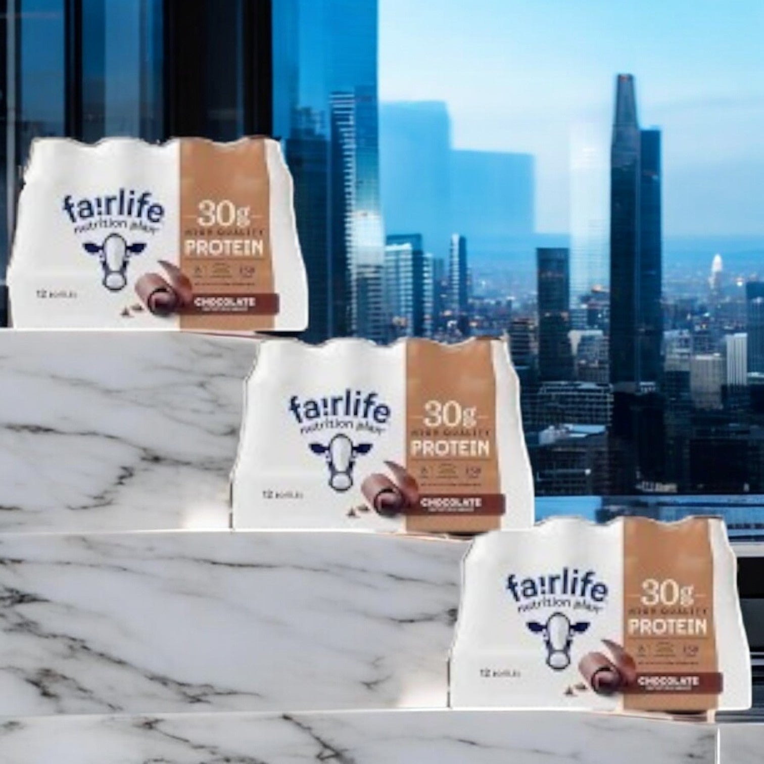 Three cases of Fairlife Nutrition Plan Chocolate Bottles, containing 11.5 fl oz., 12 packs per case, are displayed against a city skyline backdrop.