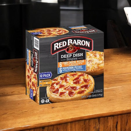 A 6-item Game Day Bundle by easylunches is displayed on a wooden countertop, featuring 24 Red Baron Deep Dish Singles in both four cheese and pepperoni varieties. This bundle also includes Lifehouse Homestyle Ranch, two bags of Tyson Buffalo Hot Wings, and celery sticks - everything you need for an epic game day feast!