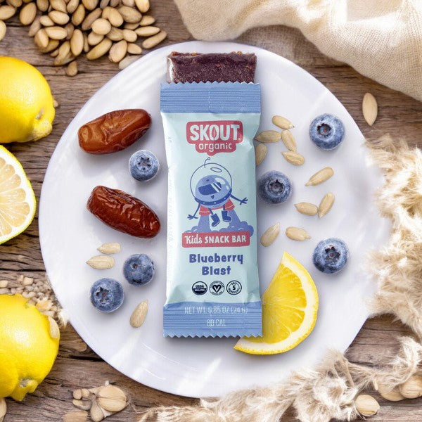 A Skout Organic Snack Bar, Blueberry Blast, for kids on a white plate surrounded by blueberries, dates, lemon slices, seeds, and grains, showcasing its plant-based ingredients. This gluten-free delight by Skout is both nutritious and delicious for little ones.