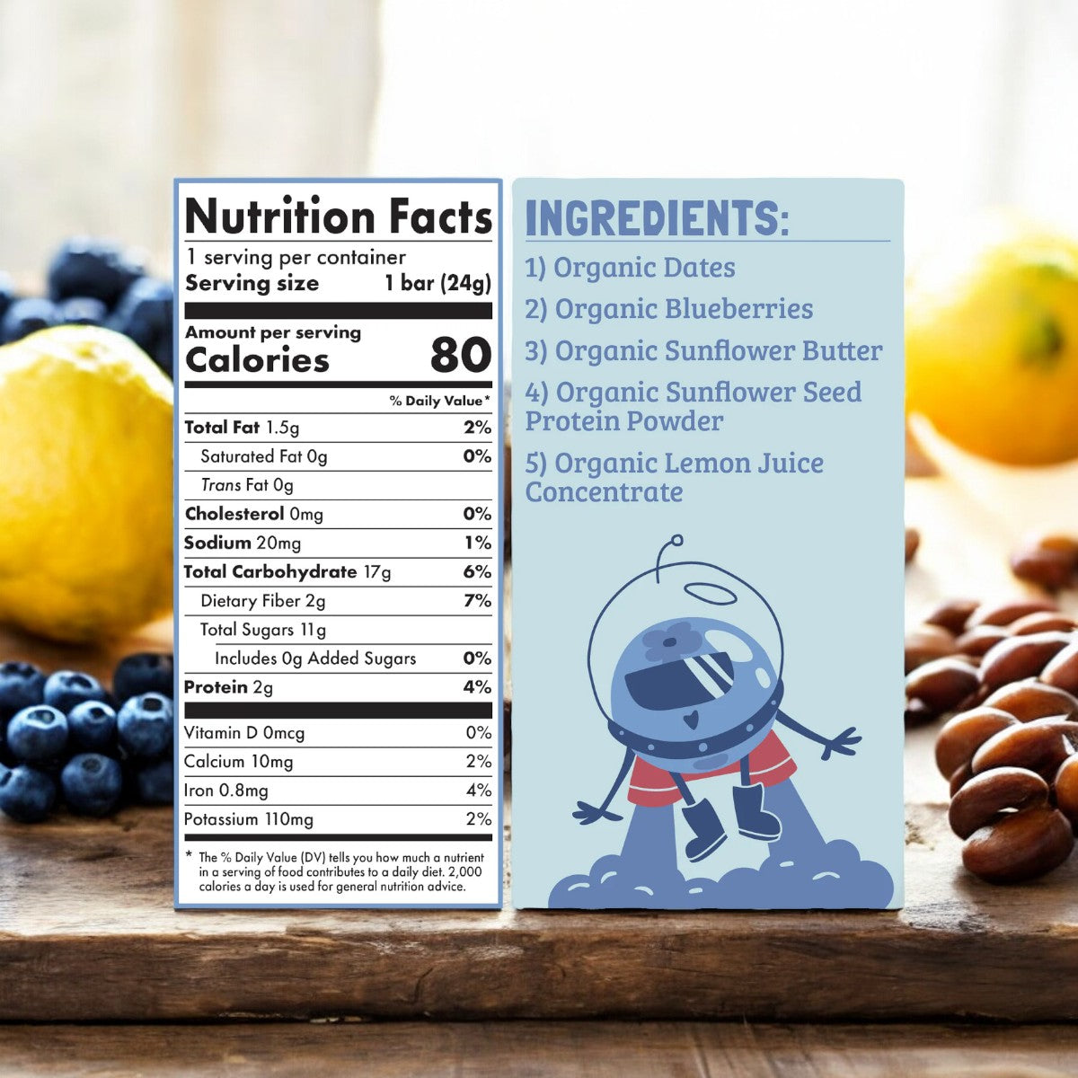 Image of a nutritional label and ingredients list for Skout Organic Snack Bars, Blueberry Blast, Kids. The label details calories, fats, carbohydrates, and vitamins. Ingredients include plant-based organic dates, blueberries, and sunflower butter. This snack bar from Skout is also gluten-free.