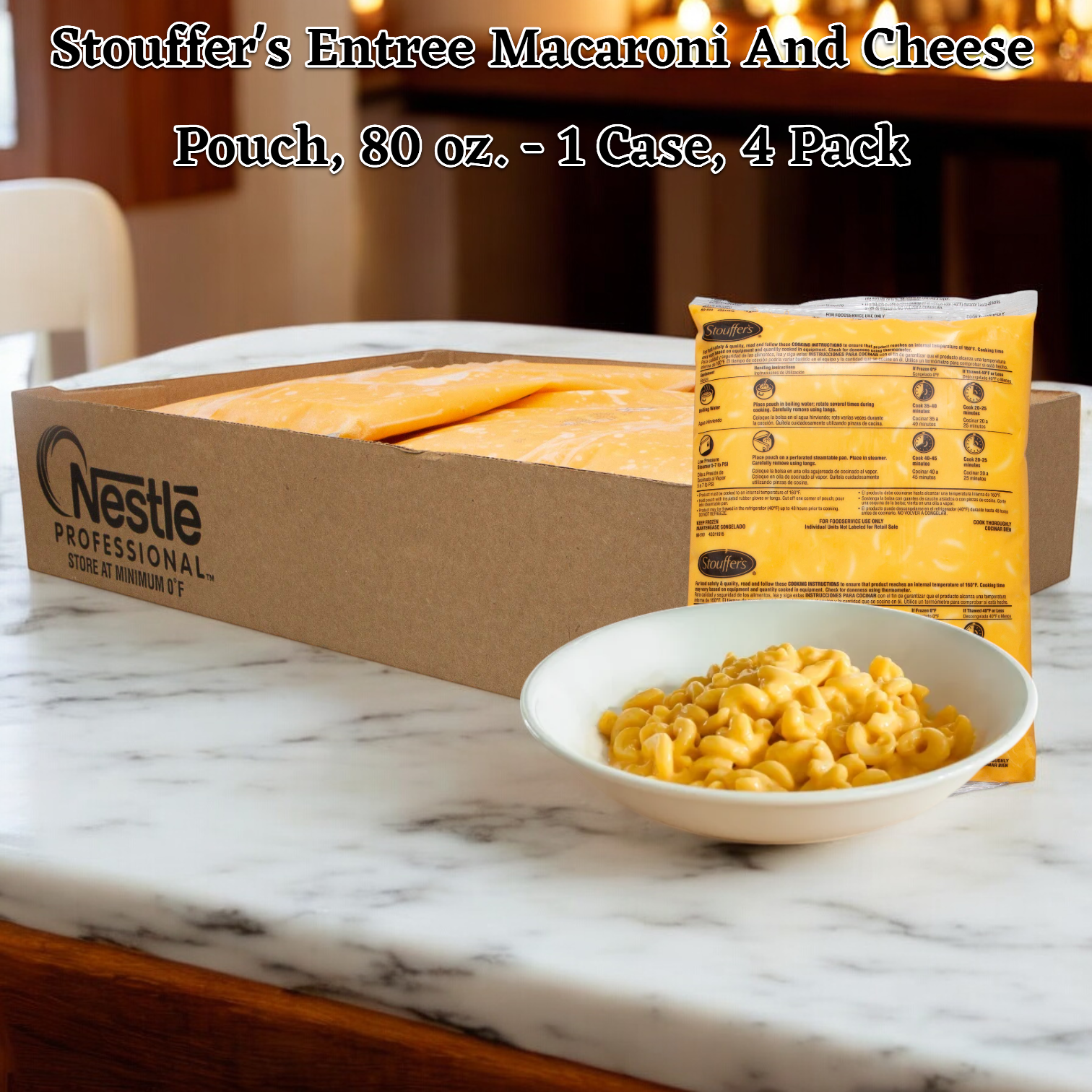 An 80 oz. pouch from Stouffer's Entree Macaroni and Cheese, part of the 4 pack case, rests on the counter showcasing its high-quality ingredients, while another pouch sits beside it and a bowl of creamy goodness awaits in the foreground.