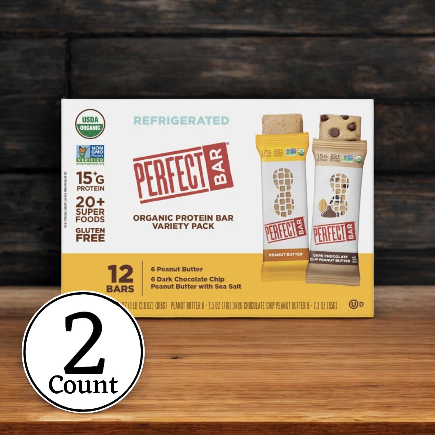 Box of Perfect Bar Refrigerated Organic Protein Bars, a 24-count total variety pack that includes delicious flavors such as Dark Chocolate Chip Peanut Butter and Peanut Butter, enriched with superfoods.