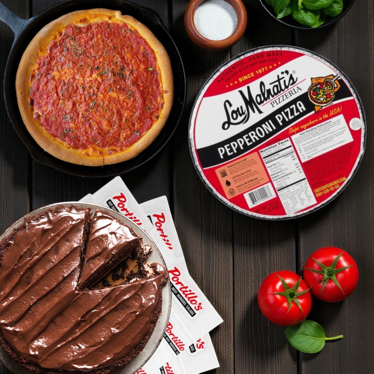 (Combo) Lou Malnati’s Pepperoni Deep Dish Pizza (23 oz) & Portillo’s Famous Chocolate Cake (8–12 Slices, Frozen)
