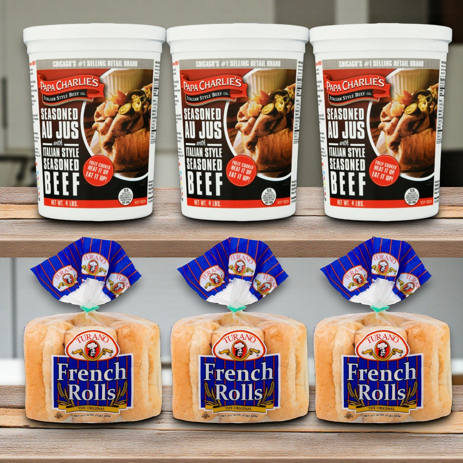 Papa Charlie’s Italian Beef Sandwich Kit – 3-Pack Combo with Turano® Rolls