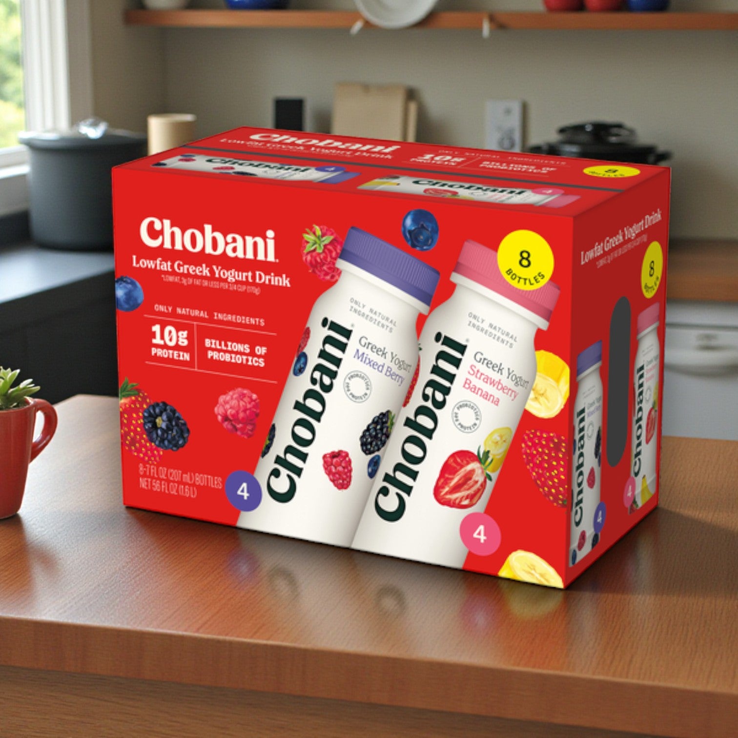 Chobani Yogurt Drink, Greek, Mixed Berry/Strawberry Banana- 8 Count- 7 FL OZ- 1 Case