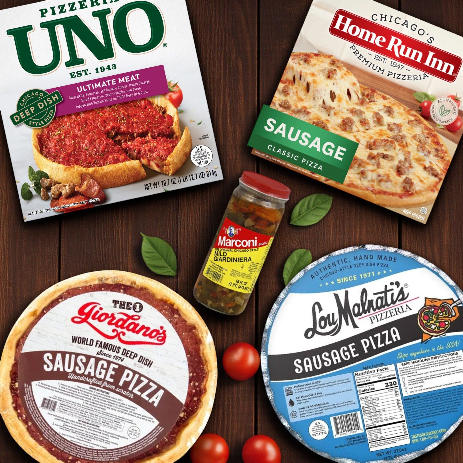 The Chicago Pizza Lovers Bundle by Lou Malnati's, featuring pizzas from Home Run Inn, Giordano’s, Lou Malnati’s, Uno, plus Marconi Giardiniera, is displayed on a wooden surface with tomato and basil garnish.