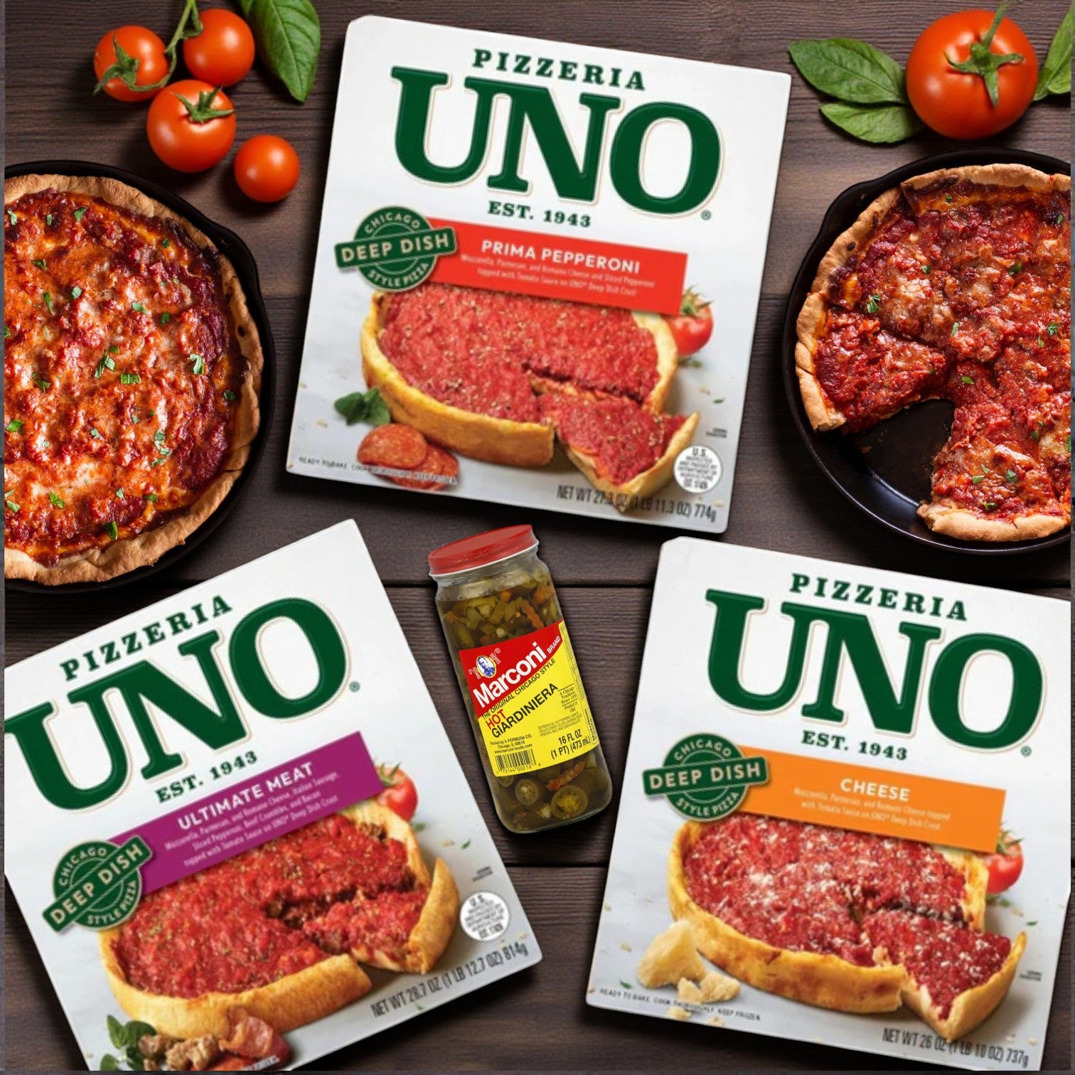 UNO’s Ultimate Deep Dish Combo with Marconi Hot Giardiniera from Pizzeria Uno is arranged on a wooden table with tomatoes and basil, creating the perfect setting for an authentic deep dish pizza experience.