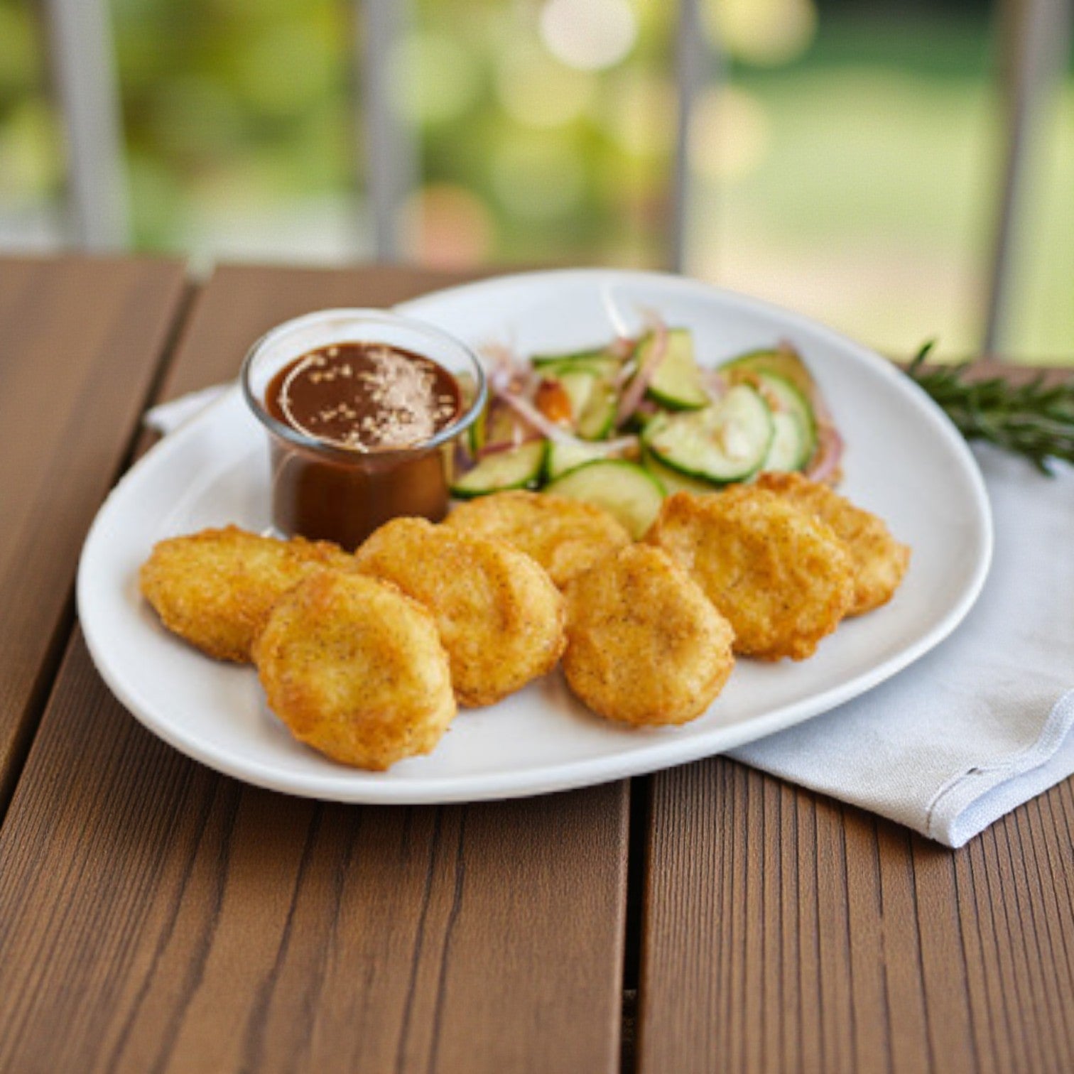On a wooden table sits a white plate with four Tyson Red Label Tempura Battered Chicken Breast Nuggets (2/5 lb bags, 10 lb total), served with dipping sauce and cucumber salad.