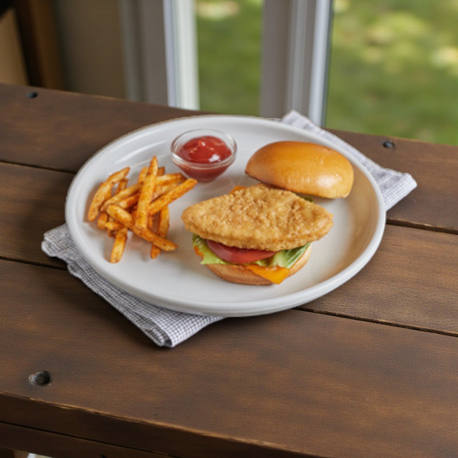 A sandwich made with Tyson Red Label Breaded Homestyle Chicken Breast Patties, served with fries and ketchup, sits on a wooden table by the window.