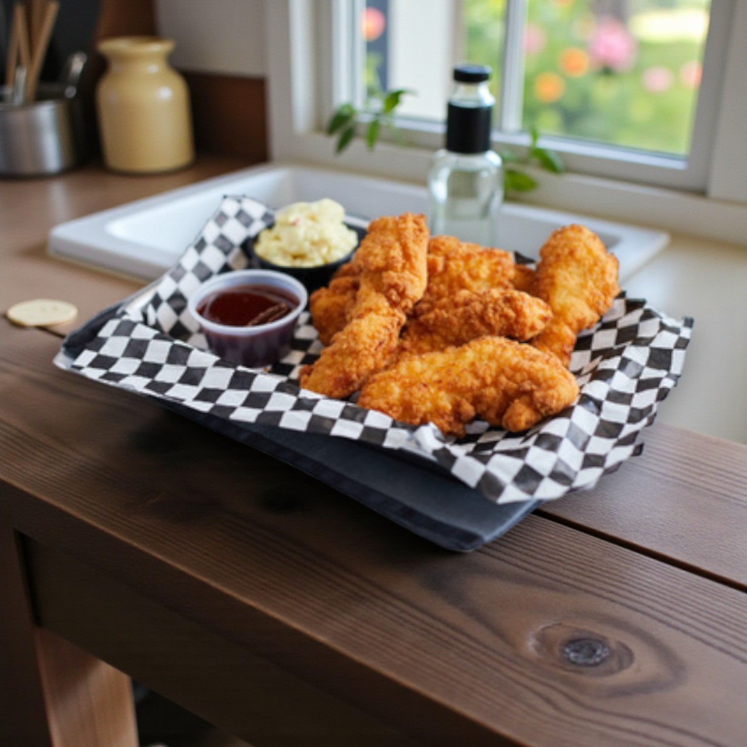 A serving of Tyson Red Label Breaded Chicken Tenders – Fully Cooked (Tyson, 2/5 lb bags) with dipping sauce and coleslaw is presented on a checkered paper-lined tray atop a wooden counter by the window.