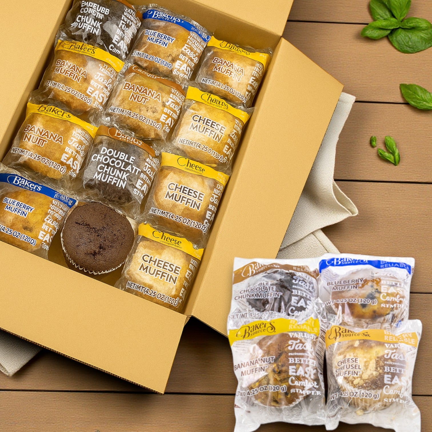 Baker’s Source Muffin Assortment – Blueberry, Banana, Chocolate & Cheese (Individually Wrapped), 4.25 oz - 24 Count