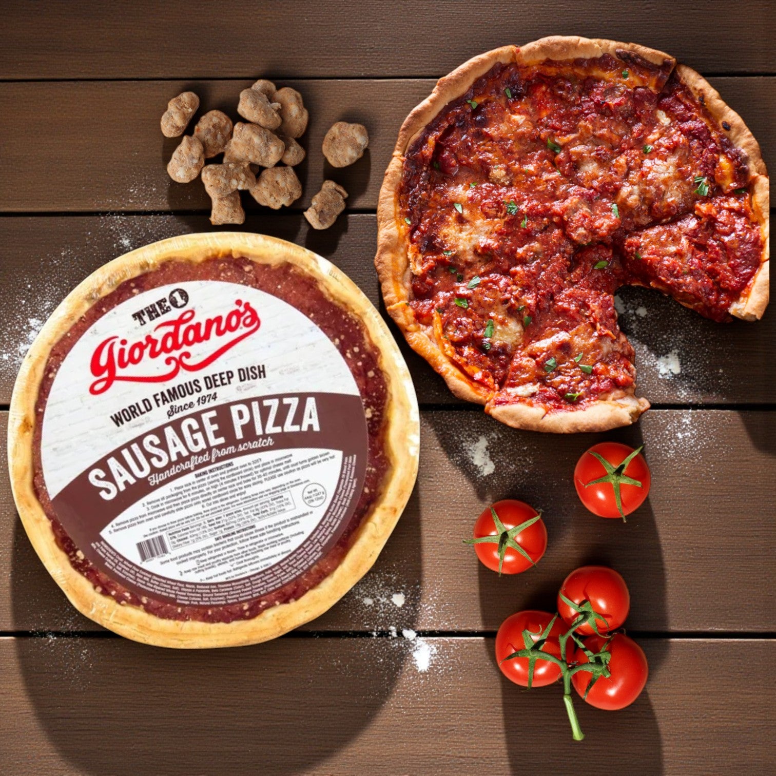 Chicago's Best – Iconic Eats from the Windy City’s Chicago Pizza Lovers Combo!—featuring 3 iconic pizzas—sits packaged on a wooden table beside tomatoes and sausage pieces; one pizza is sliced with some pieces missing.