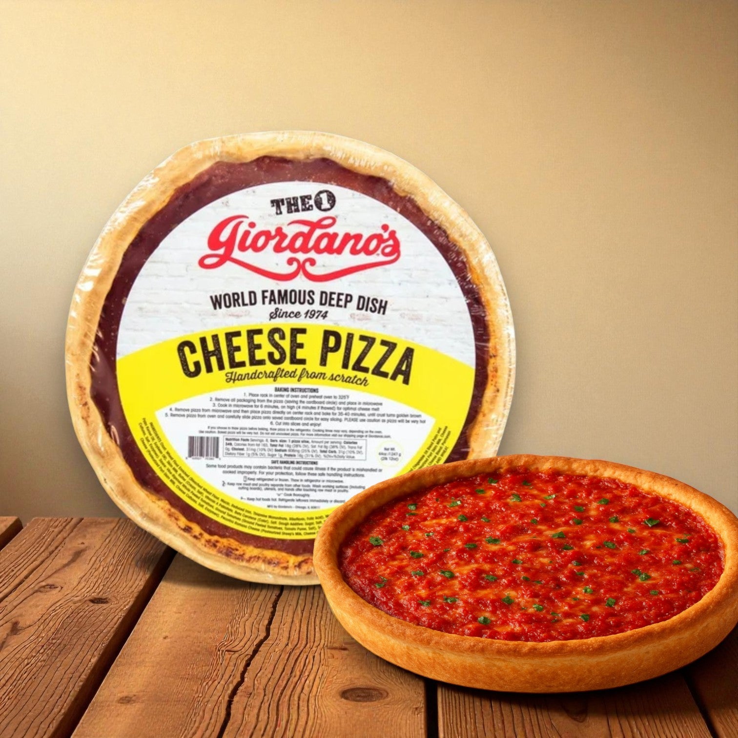 A Combo: Giordano's Deep Dish Stuffed Cheese Pizza + Eli's Celebration Cheesecake Sampler by Chicago's Best – Iconic Eats from the Windy City is displayed on a wooden surface with branded packaging against a neutral background.
