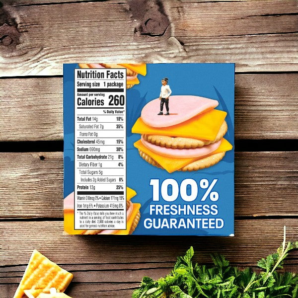 The packaging features nutritional facts and the text "100% Freshness Guaranteed." It shows an image of crackers stacked with ham, cheddar cheese slices, and Lunchables Turkey. The scene is set on a wooden surface with some greenery underneath, making it a perfect kid-friendly meal. The product is named Lunchables Turkey & Cheddar Cheese, 3.2 oz. - 1 Pack by the brand Lunchables.