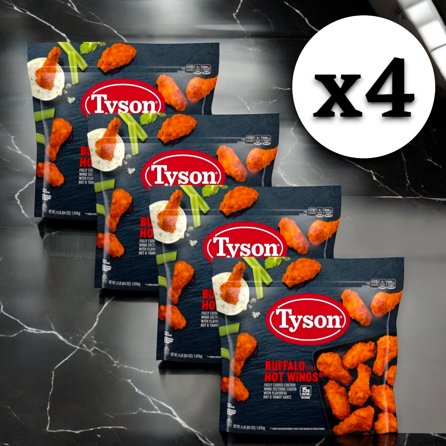 Four bags of Tyson Buffalo Style Hot Wings, Fully Cooked Chicken Wing, 4lbs., made by the renowned brand Tyson and famous for their bold and tangy Buffalo sauce, are displayed on a dark marble surface with a "x4" label indicating the quantity.