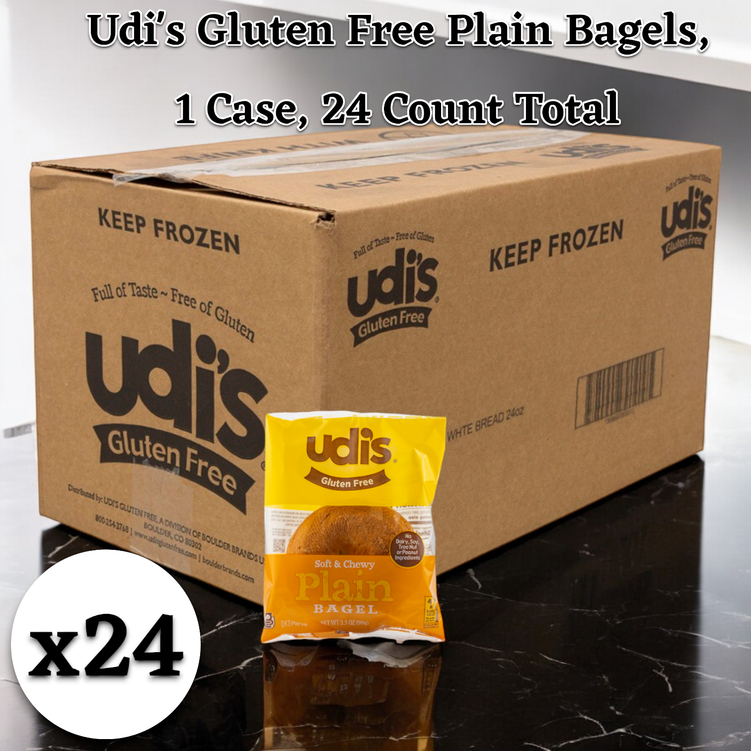 A cardboard box labeled "Udi's Plain Bagel, 3.5 oz. - 1 Case, 24 Pack" features a single gluten-free bagel in front, highlighting its classic flavor and texture. Text reads "1 Case, 24 Count Total," with a label showing "x24." Both the box and the bagel are displayed on a countertop.