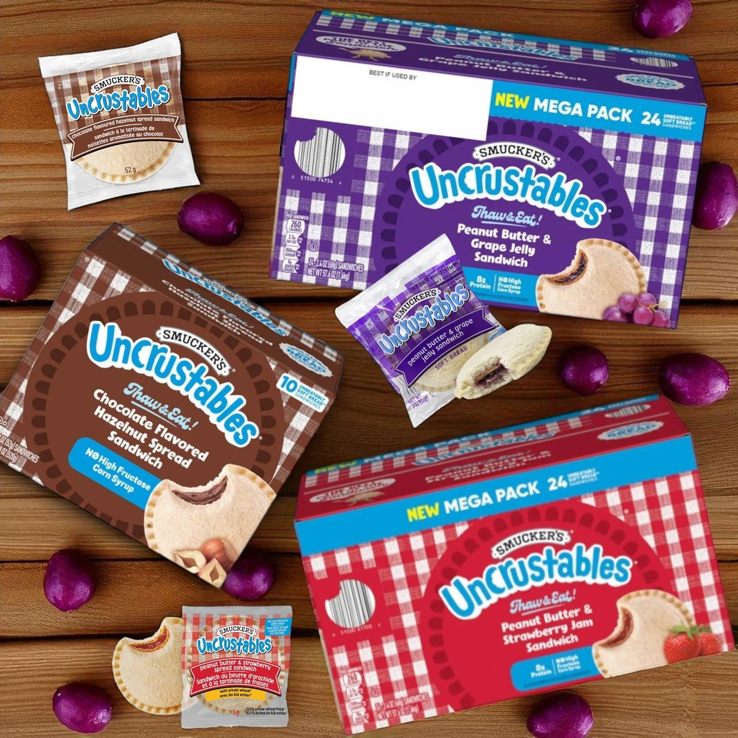 Smucker’s Uncrustables Variety Pack – Grape Jelly, Strawberry Jam, & Chocolate Hazelnut (58 Total Sandwiches, Frozen)