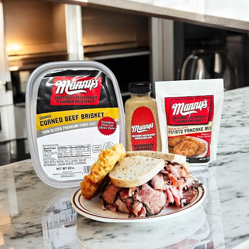 On the Chicago deli counter, Manny's 3 Count Combo includes packaged corned beef brisket, mustard, and potato pancake mix. A tempting plate with a corned beef sandwich and pickle sits in front of you.